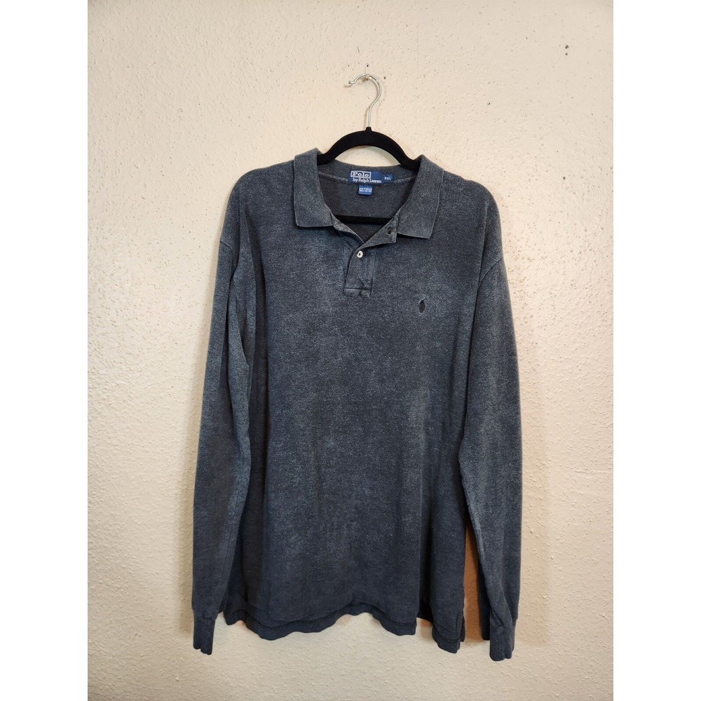 Polo Ralph Lauren Mens XXL Charcoal Gray Black Long Sleeve Pique Polo Shirt